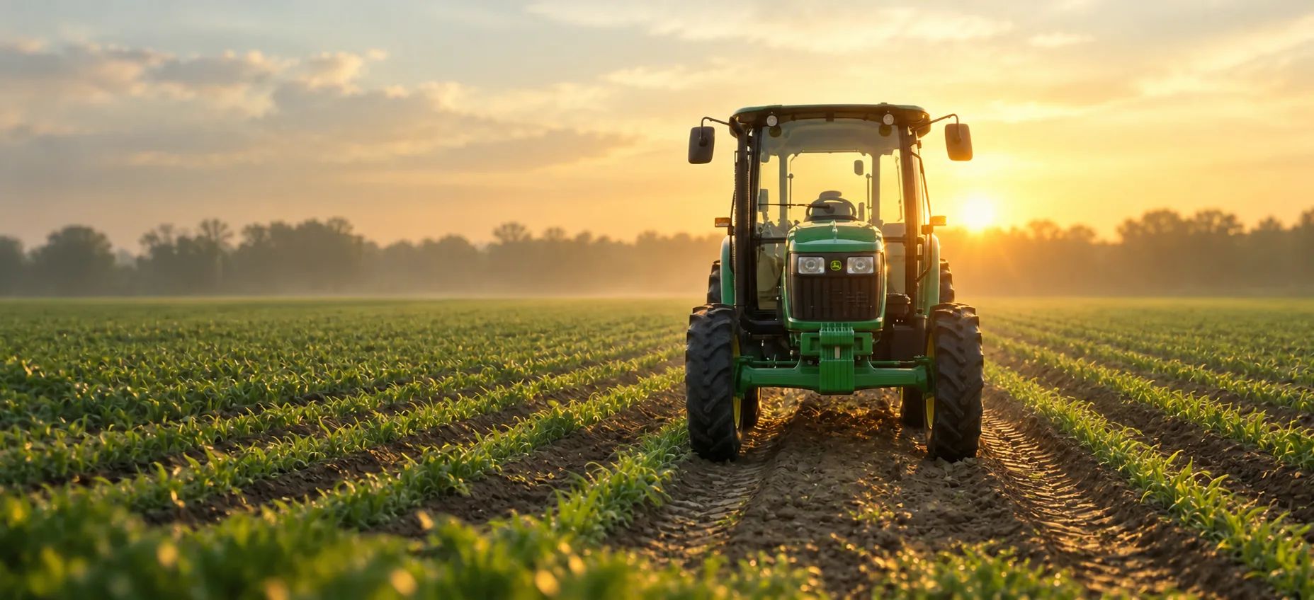 John Deere tractor in a young crop field at golden hour